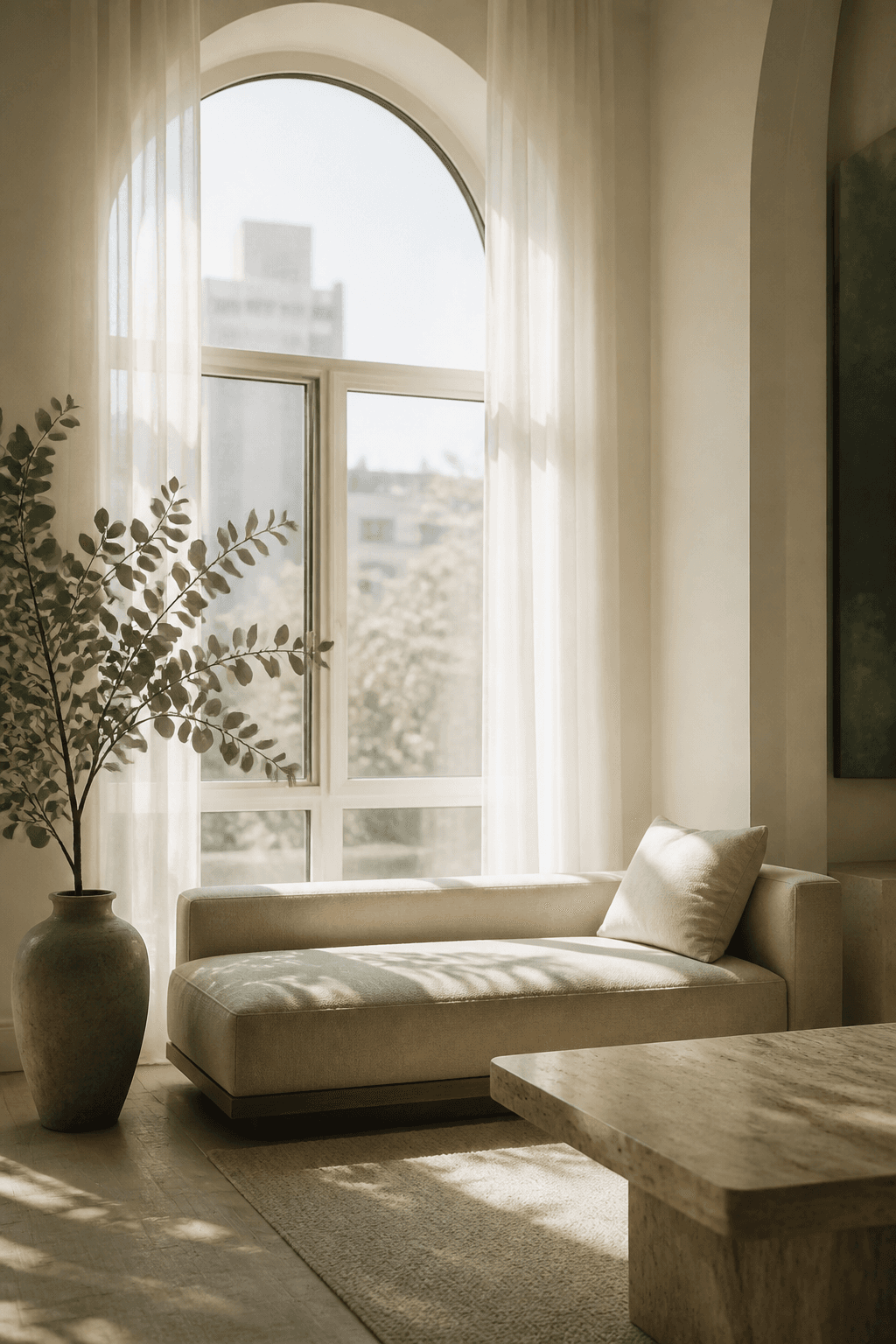 Sunlit linen daybed in a cream Toronto interior