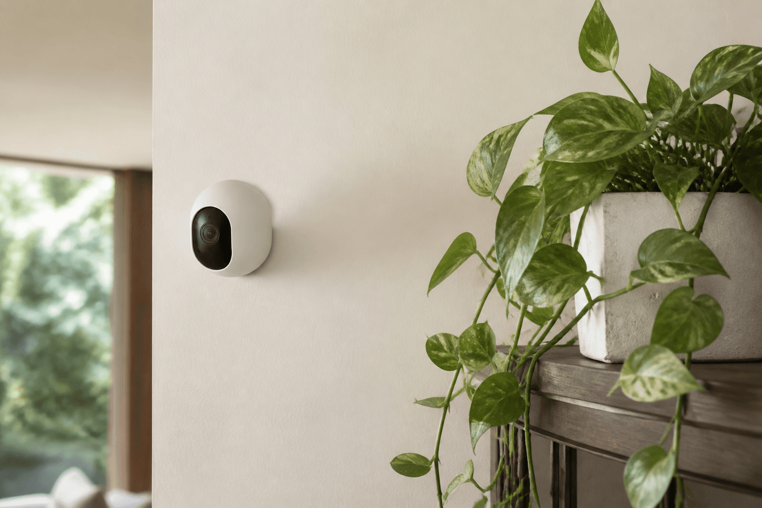 A discreet white security camera beside a houseplant