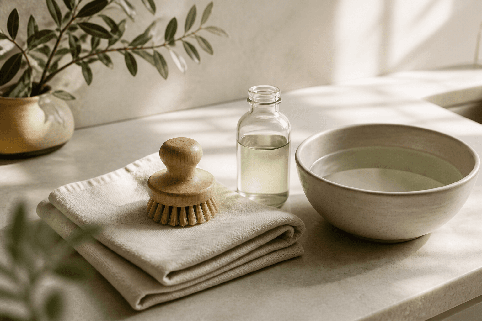 Linen, brush, and ceramic bowl arranged for a quiet clean