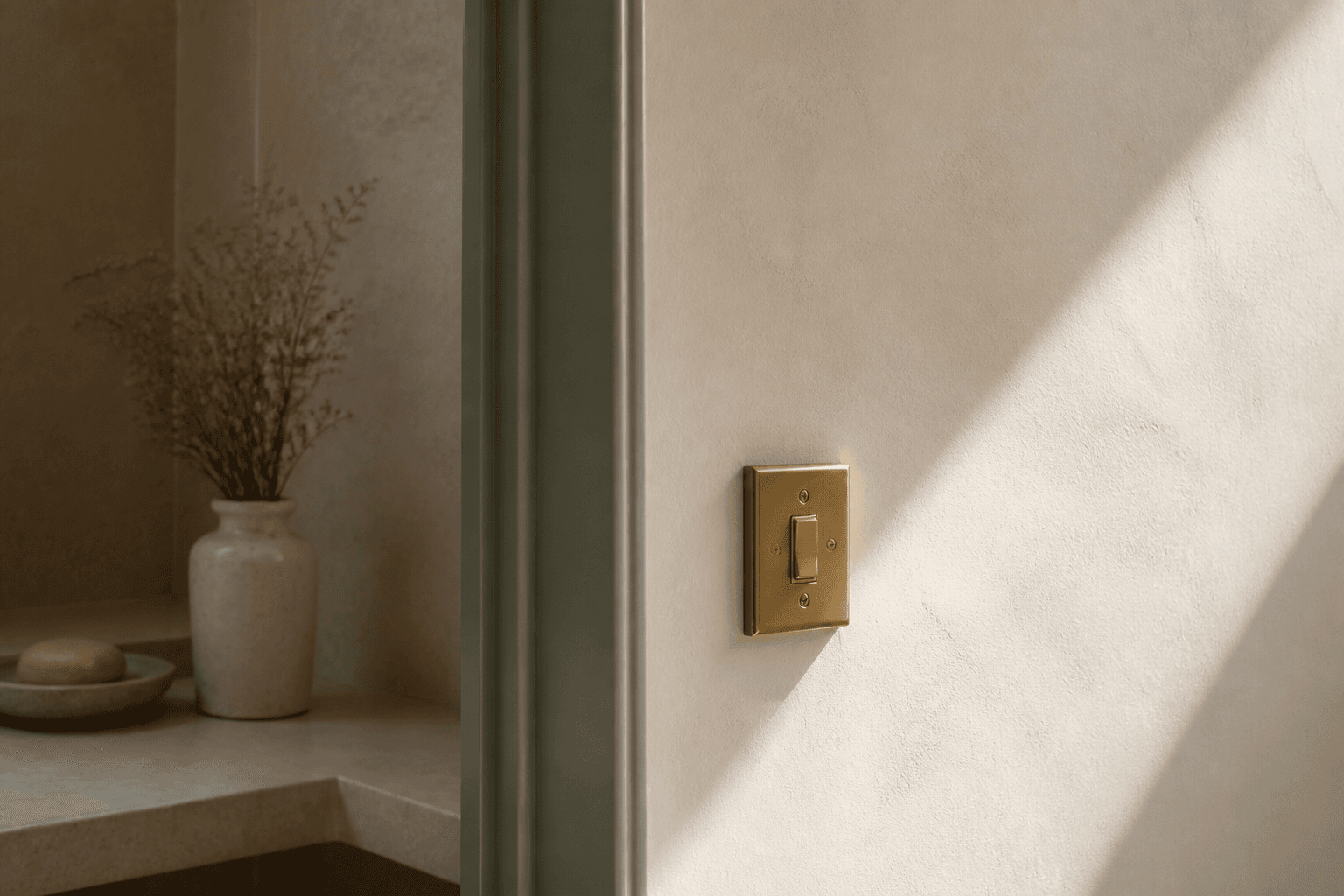A freshly painted ivory wall with sage trim