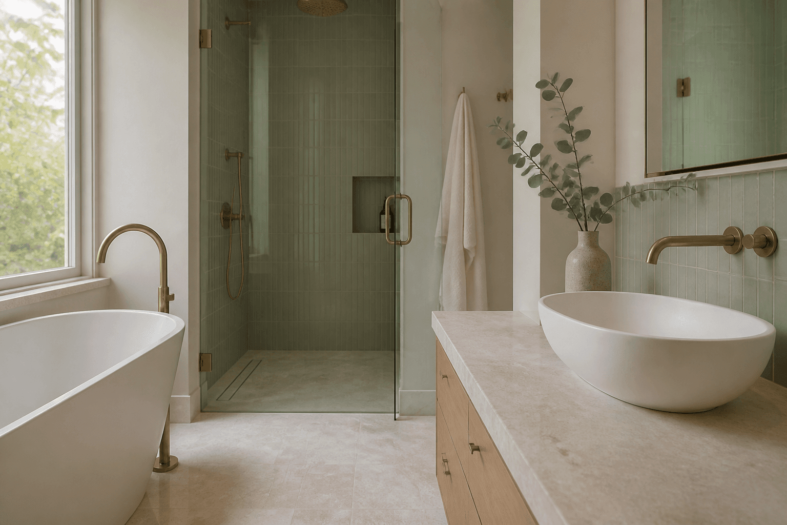 A renovated spa bathroom with stone vanity